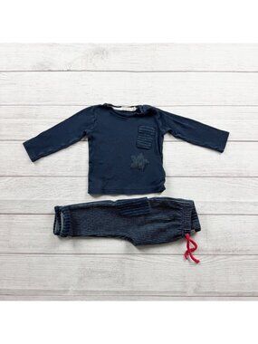 EMC Baby Boy Outfit Set Navy Long Sleeve Top Striped Pants 2 Piece 9-12 Months